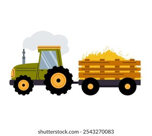 Tractor and trailer. Agricultural machinery for work in the field. Agronomy. Stack of dried hay for animal feed. Harvesting, harvesting the fields. Flat vector illustration.