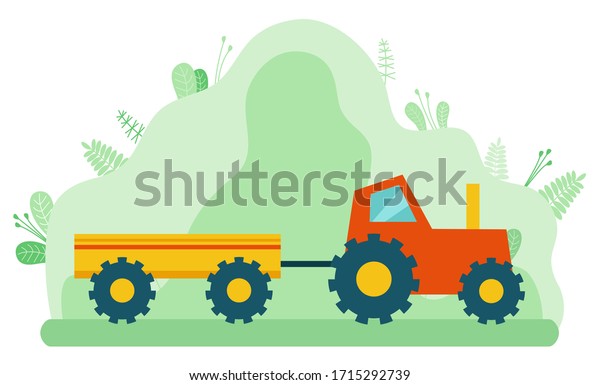 Tractor with trailer, agricultural\
vehicle, seasonal work. Harvesting machine, countryside sign,\
accumulation and attraction of capital, transport\
vector