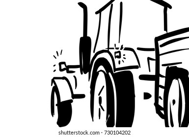 Tractor with a trailer back view. Black and white vector sketch, simple drawing isolated at white background.