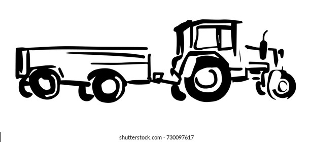 Tractor with a trailer black and white drawing, vector sketch isolated at white background