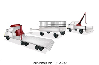 A Tractor Trailer Or Flatbed Articulated Lorry, Utility Trailer Or Goods Trailer And Breakdown Lorry Isolated On A White Background. 