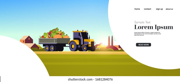 tractor with trailer full of fresh ripe harvested vegetables organic food seasonal products harvesting concept farmland field countryside background horizontal copy space vector illustration