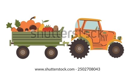 Tractor with trailer full of vegetables. Harvesting Illustration. Vector flat illustration. 