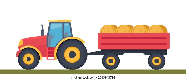 Tractor with trailer. Tractor with hay bales in cart. Agricultural machinery. Farm Machine. Side view of modern tractor. Vector Illustration