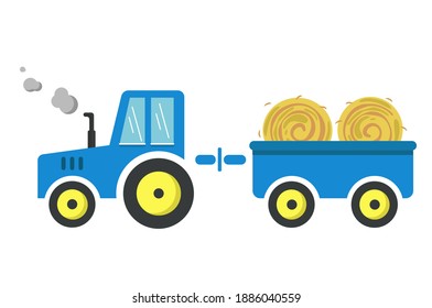 Tractor with a trailer. Hay harvesting and transportation by tractor. Vector color illustration. Suitable for use in infographics for articles and advertising materials