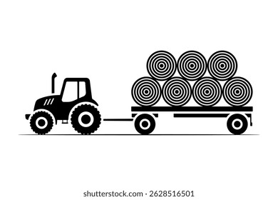 Tractor with trailer with hay icon. Black silhouette. Side view. Vector simple flat graphic illustration. Isolated object on white background. Isolate.