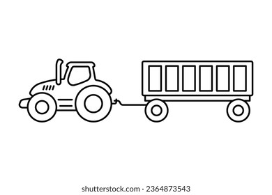 Tractor with trailer icon. Black contour linear silhouette. Side view. Vector simple flat graphic illustration. Isolated object on a white background. Isolate.