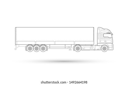 Tractor Trailer Icon. Isolated Technical Drawing. Thin Line Illustration Of Transportation. 10 Eps Design.