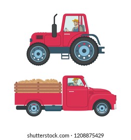 Tractor with trailer isolated icons vector. Transportation of products harvesting cargo. Car automobile with driver in cabin, farmer driving vehicle