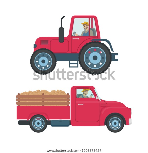 Tractor with trailer isolated icons\
vector. Transportation of products harvesting cargo. Car automobile\
with driver in cabin, farmer driving\
vehicle
