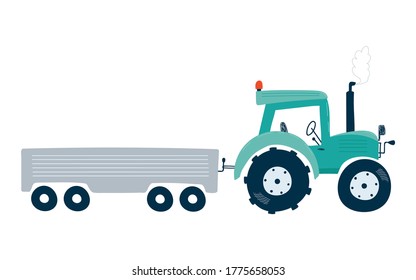 Tractor with trailer isolated on a white background in flat style. Icons kids cars for design of children's rooms, clothing, textiles. Vector illustration