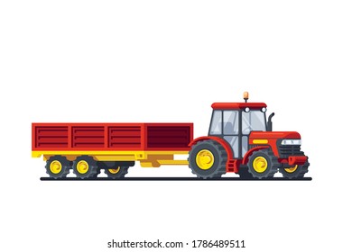 Tractor with trailer isolated on white background. Farming machines. Flat style illustration
