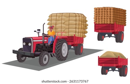 Tractor with trailer loaded with bags and logs, farmer riding tractor, indian agriculture illustration