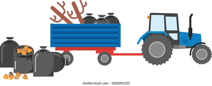 Tractor with a trailer loaded with black full garbage bags, old felled trees. The problem of ecology and garbage, collection and removal of leaves and old trees. Flat infographics. Vector 
