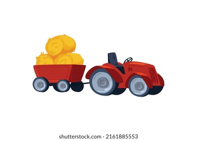Traktor mit Anhänger mit Heurollen, flache Vektorgrafik einzeln auf weißem Hintergrund. Landwirtschaftliche Maschinen und Landverkehr.