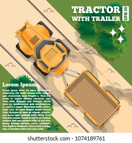Tractor with trailer on a forest road. View from above. Vector illustration.