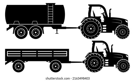 Tractor with trailer and tank silhouette on white background. Agricultural vehicle icons set view from side.