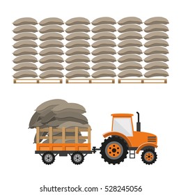 Tractor with trailer transporting bags. Vector illustration