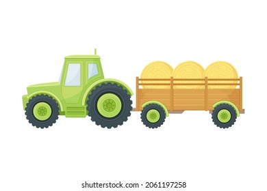 Tractor with trailer transporting hay, industrial vehicle agricultural transport flat vector illustration