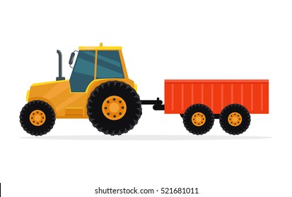 Tractor with trailer vector. Flat design. Industrial transport. Cargo machine. Illustration for farming, agricultural, construction theme illustrating, app icons, ad, infographics. On white .