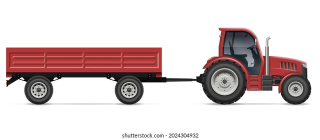 Tractor with trailer vector illustration view from side. Agricultural vehicle mockup isolated on white background. All elements in the groups for easy editing and recolor