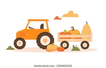 Tractor con remolque y verduras sobre un fondo blanco