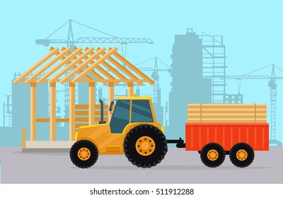 Tractor and trailer with wood materials for house building. Cranes, concrete blocks, high-rise buildings, structural works on background flat page design. Vector illustration for construction company.