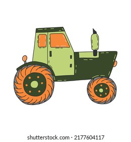 Tractor. Transport for agriculture. Large powerful machine for cultivation and harvesting. Farming. Colorful vector isolated illustration hand drawn