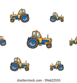 Tractor transport seamless pattern with children's baby funny cute toy hand-drawn painted hand hand-drawing child colorful cartoon vector illustration with set of isolated elements white background.