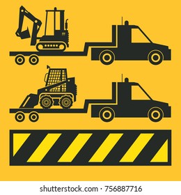 Tractor transportation icon or sign on yellow background. Tractor grader bulldozer silhouette, vector illustration
