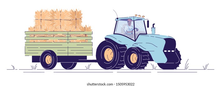 Tractor transporting haystacks flat vector illustration. Autumn hay harvesting cartoon concept with outline. Agricultural machinery isolated on white background. Hay bales on tractor cart, trailer