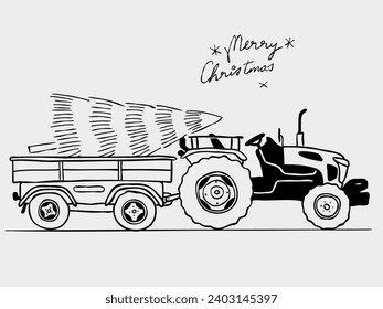 A tractor transports a Christmas tree. Vector illustration.