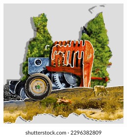 Tractor, árbol y naturaleza sobre fondo gris. diseño de arte de portada