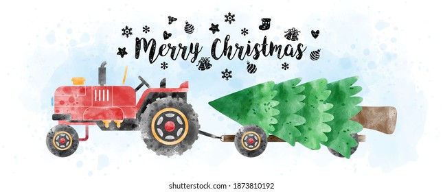A tractor and truck carrying pine tree in watercolors style and Merry Christmas letters   decorated and Christmas symbols light blue watercolor   white background 