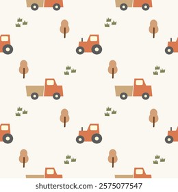 Tractor and truck cartoon so cute. On tree grass background. Pattern seamless vector illustration. 
