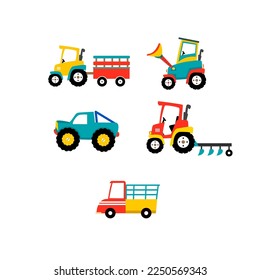 recogida de tractores y camiones. Icono de vehículo. diseño de tractor lindo para impresión, tela, cubierta de libro