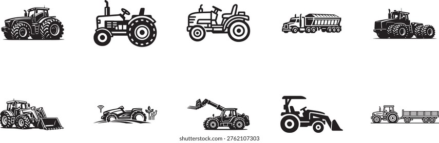 Tractor truck icon set in flat style showing farming transport vehicle symbols for business design