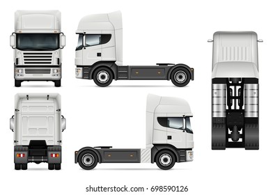 Tractor truck vector mock-up for advertising, corporate identity. Isolated template of white lorry. Vehicle branding mockup. Easy to edit and recolor. View from side, front, back, top.