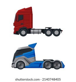 Tractor Unit as Heavy-duty Towing Engine for Hauling Semi-trailer Side View Vector Set