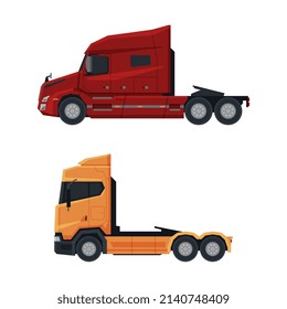 Tractor Unit as Heavy-duty Towing Engine for Hauling Semi-trailer Side View Vector Set