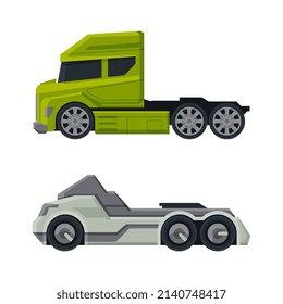 Tractor Unit as Heavy-duty Towing Engine for Hauling Semi-trailer Side View Vector Set