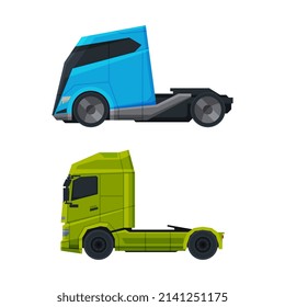 Tractor Unit as Heavy-duty Towing Engine for Hauling Semi-trailer Side View Vector Set
