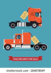 Tractor units and semi trucks for sale cool detailed flat design web banner template with two heavy duty engines with price tags | European and american trucks for sale