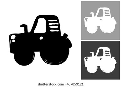 Tractor vector hand drawn graphic image. Label with minimalistic shape tractor. Isolated element on white, gray and black background. Paint imitation.