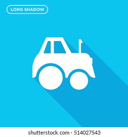 Tractor vector icon on blue background with long shadow, agriculture