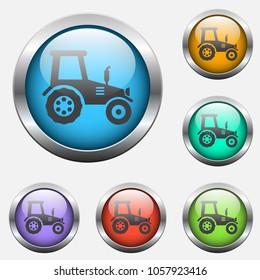 tractor vector icon on color glass buttons