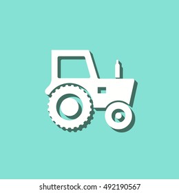 Tractor vector icon with shadow. White illustration isolated on green background for graphic and web design.