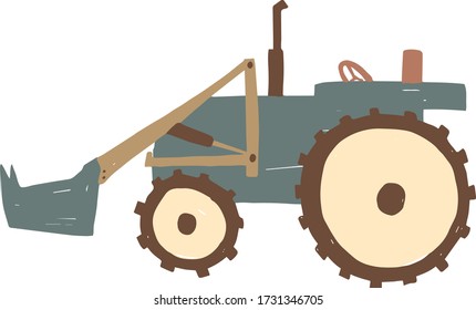 Tractor. Ilustración vectorial de un tractor azul de estilo infantil aislado en fondo blanco para los niños. Maquinaria agrícola pesada para el trabajo de campo