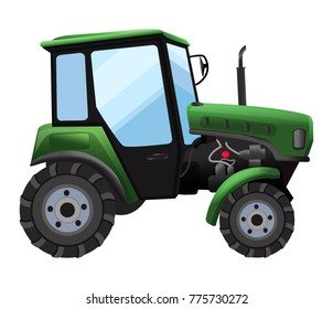 Tractor. Vector illustration of green tractor in a flat style isolated on white background. Heavy agricultural machinery for field work,