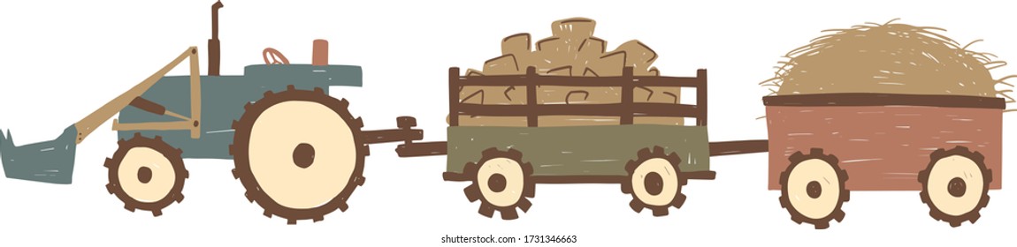 Tractor. Vector illustration of a tractor with hind carriage in childish style isolated on white background for kids. Heavy agricultural machinery for field work
